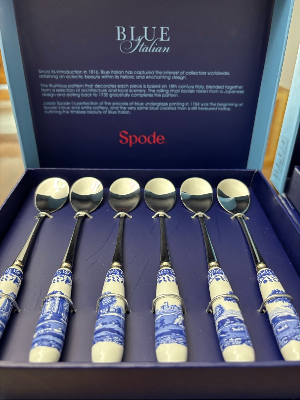 Spode Blue Italian Porcelain-Handled Dessert Spoons - Blue & White (Set of 12)